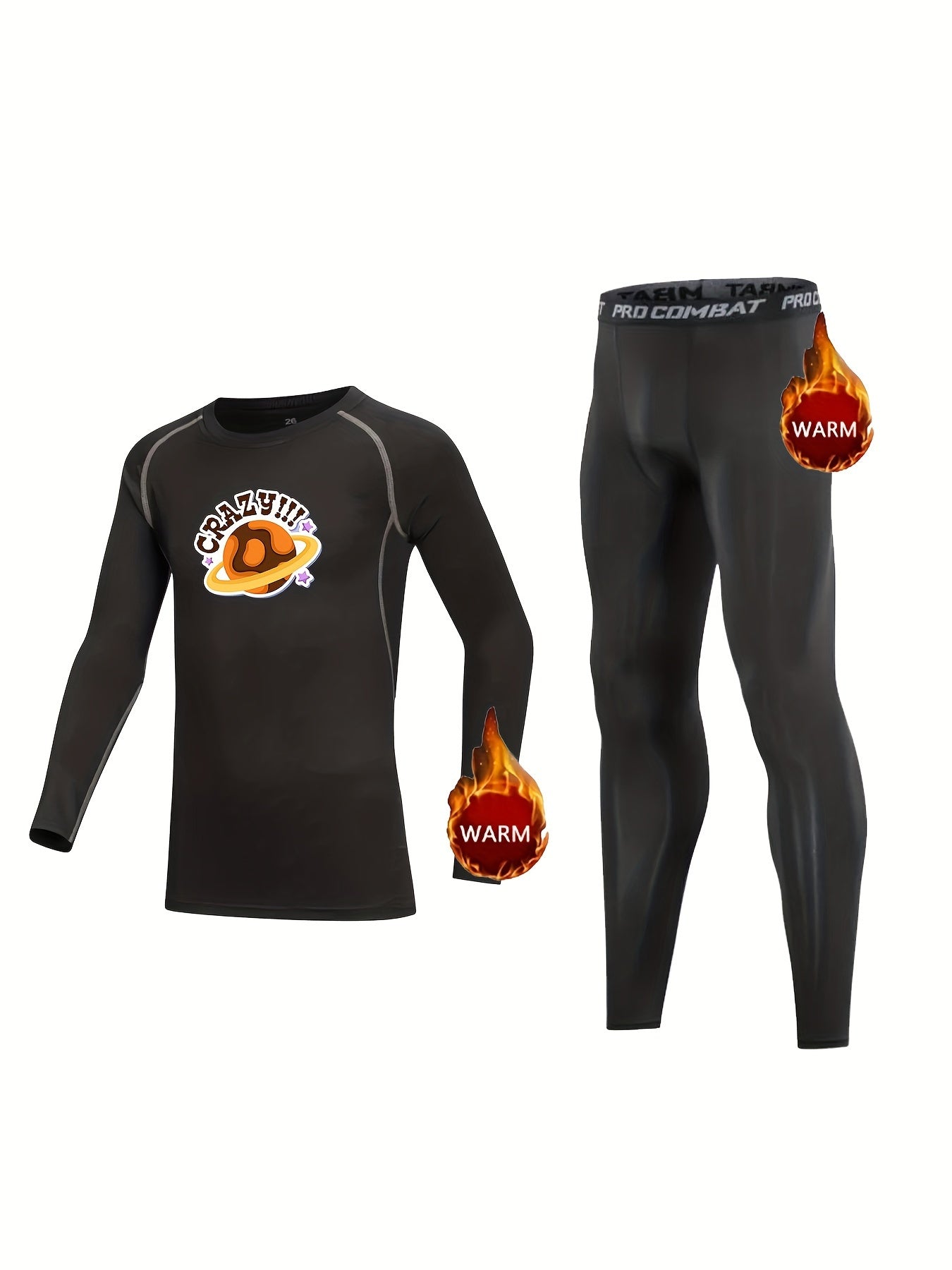 2pcs Kids Compression Fleece Sets - Cartoon Planet Print Crew Neck