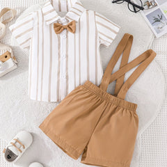 Toddler Boys Striped Bow Tie Shirt Overalls 2pcs Set