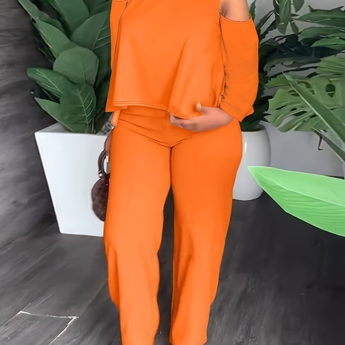 Solid Cold Shoulder Long Sleeve Top & Pants Set