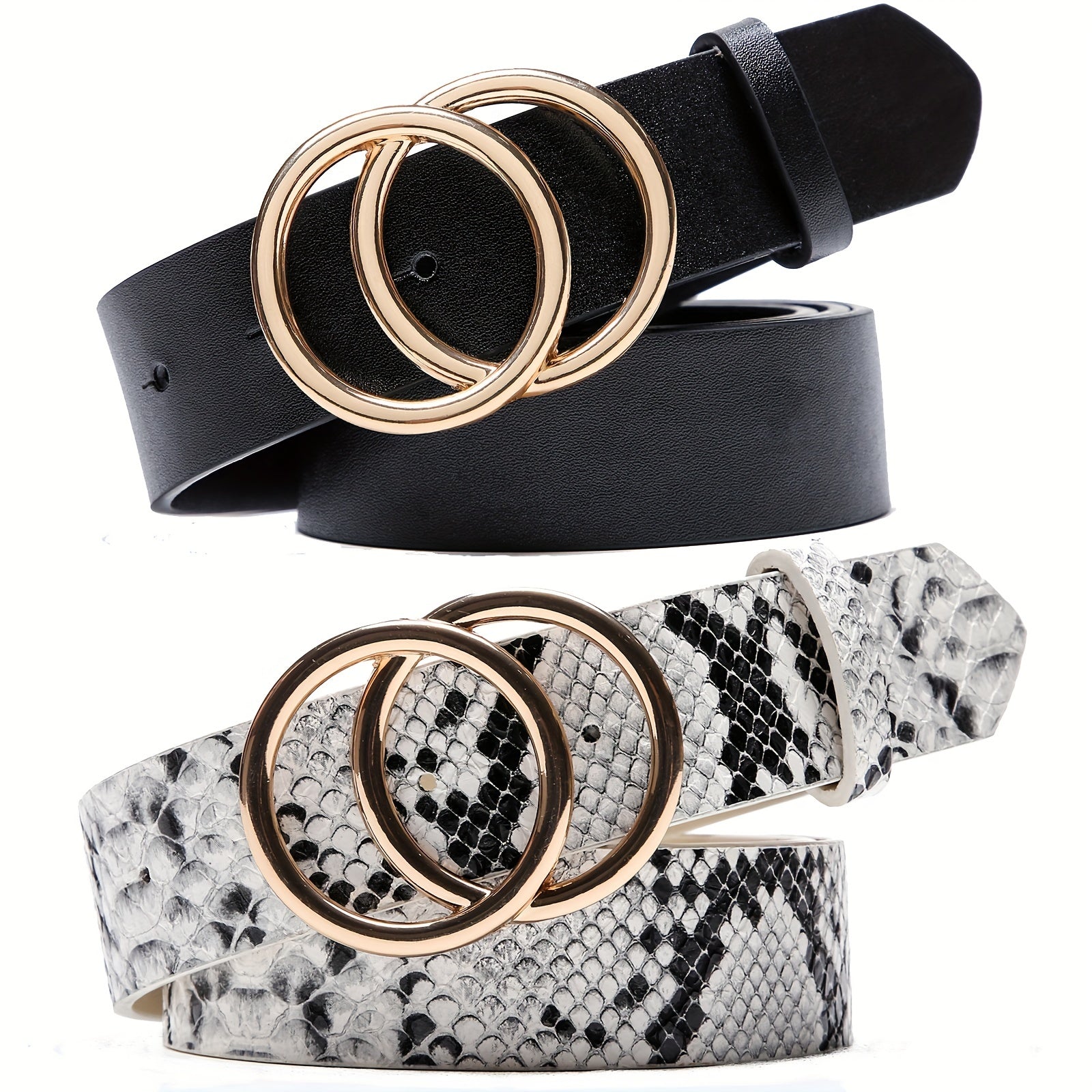 Double O-Ring Buckle PU Leather Belt Casual Waistband for Women