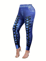 Women's Plus Bubble Print Peplum Top & Denim Print Leggings Set