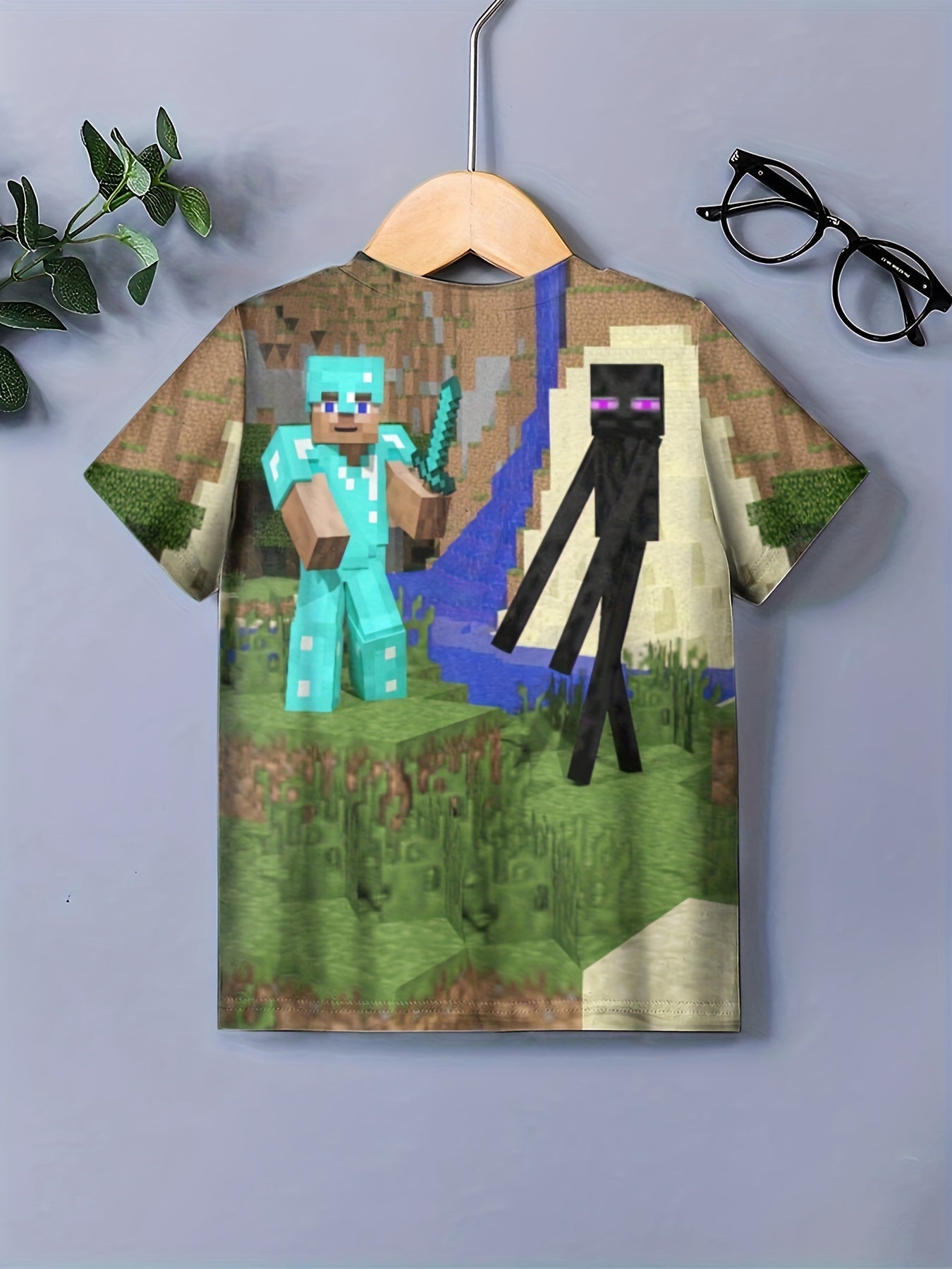 Pixel Man Fight Monster Print Tee Kids Casual Summer Top