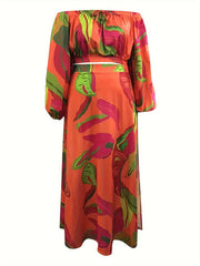 Women's Plus Floral Lantern Sleeve Top & Skirt Set