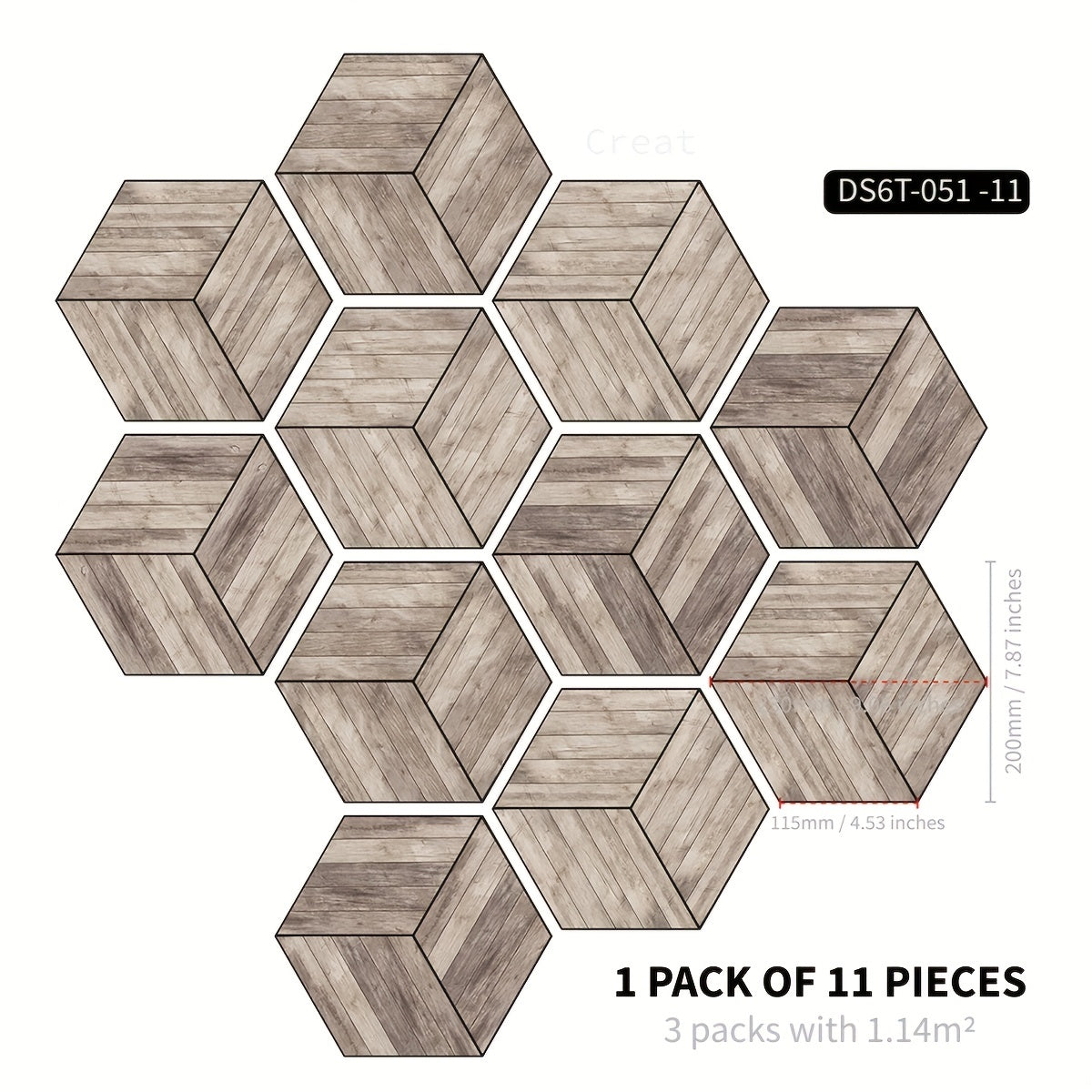 11pcs Wood Grain Hexagonal Floor Stickers Waterproof Anti-slip Home Decoration