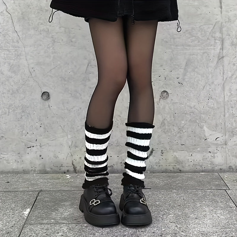 Striped Knitted Leg Warmers Harajuku Knee High Socks Women's Stockings