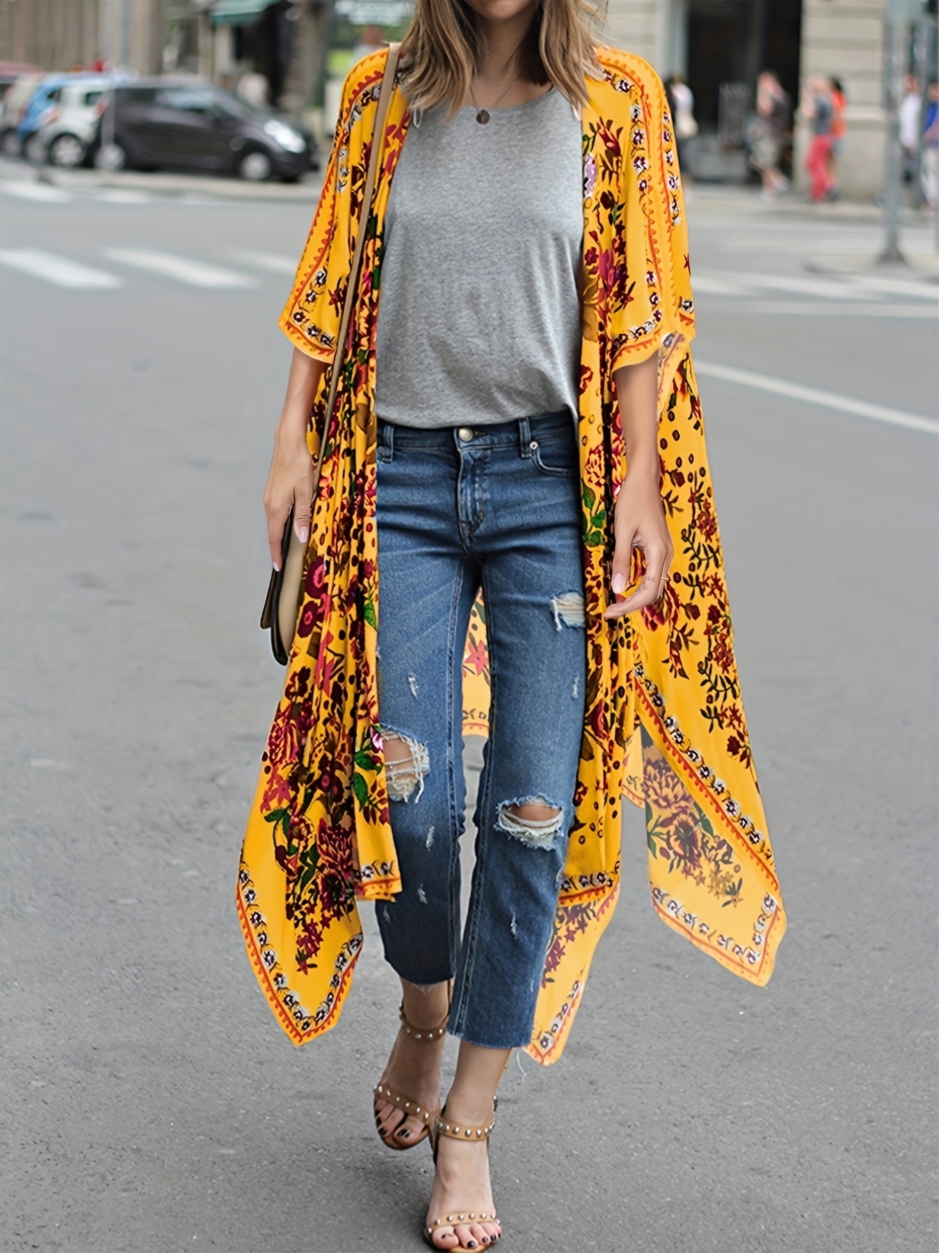 Floral Print Cover Up Shirt V Neck Semi Sheer Split Loose Fit Beachwear Kimono