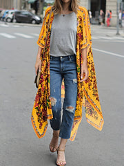 Floral Print Cover Up Shirt V Neck Semi Sheer Split Loose Fit Beachwear Kimono