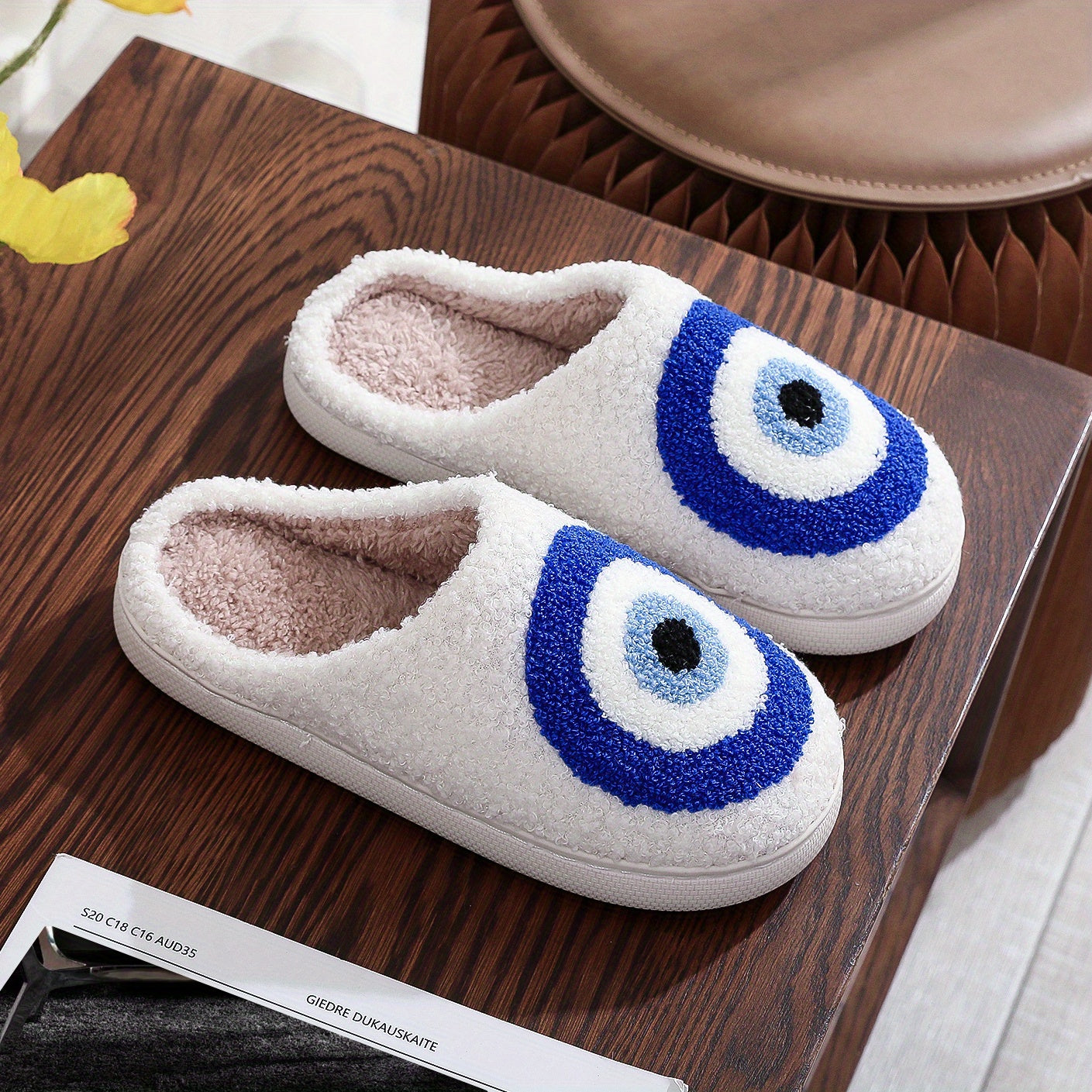 Women's Evil Eye Pattern Slippers Plush Lined Platform Shoes