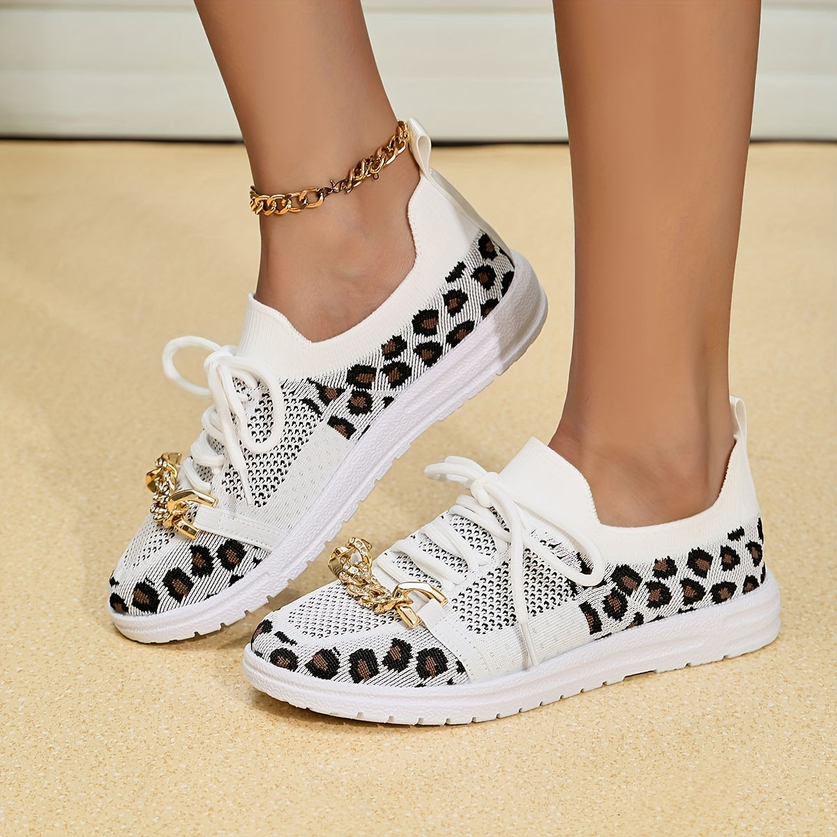 Leopard Print Mesh Walking Shoes Lightweight Outdoor Sneakers