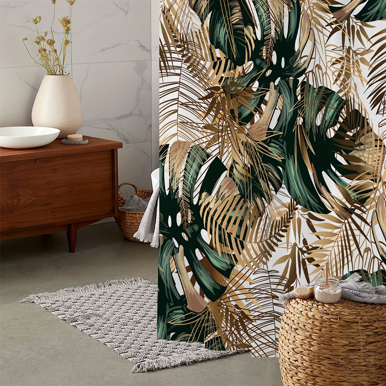 Leaf Print Shower Curtain 71x71in with Hooks