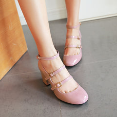 Pink Mary Janes Chunky Heel Pumps