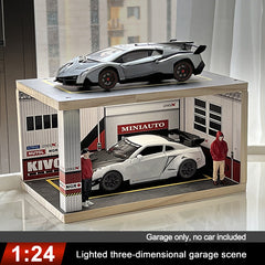 1:18 & 1:24 Solid Wood Garage w/ Lighting Alloy Car Storage Parking Lot Model