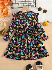 Stylish Dinosaurs Full Print Long Sleeve Dress For Girls