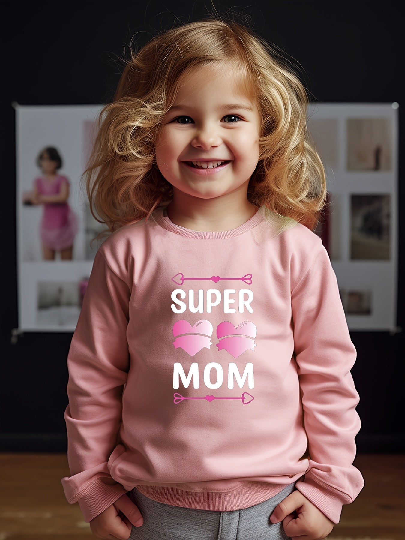 Girls Hearts Pattern Crew Neck Sweatshirt For Spring
