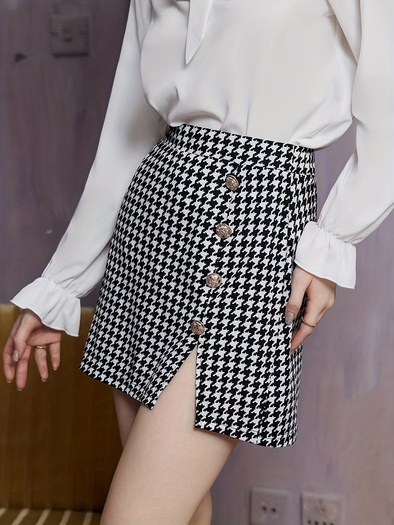 High Waist Button Bodycon Skirt, Fall Winter Crop