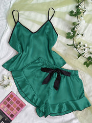 Satin Pajama Set V Neck Cami Top & Ruffle Shorts