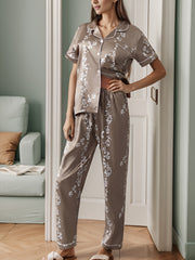Floral Pajama Set Short Sleeve Top & Elastic Waist Pants