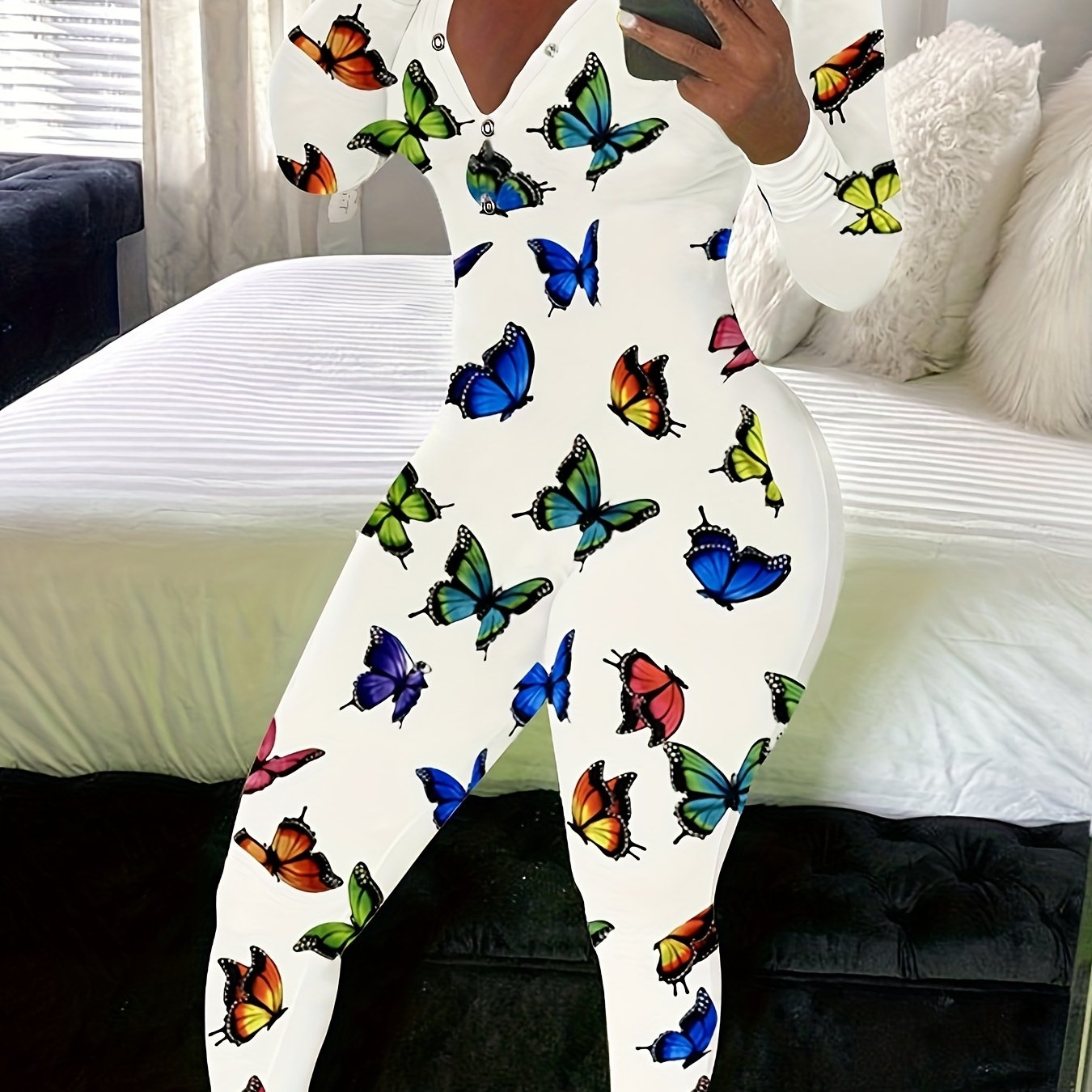 Butterfly Print Lounge Jumpsuit V Neck Long Sleeve Buttons Jumpsuit