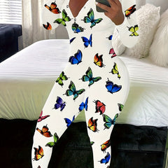 Butterfly Print Lounge Jumpsuit V Neck Long Sleeve Buttons Jumpsuit