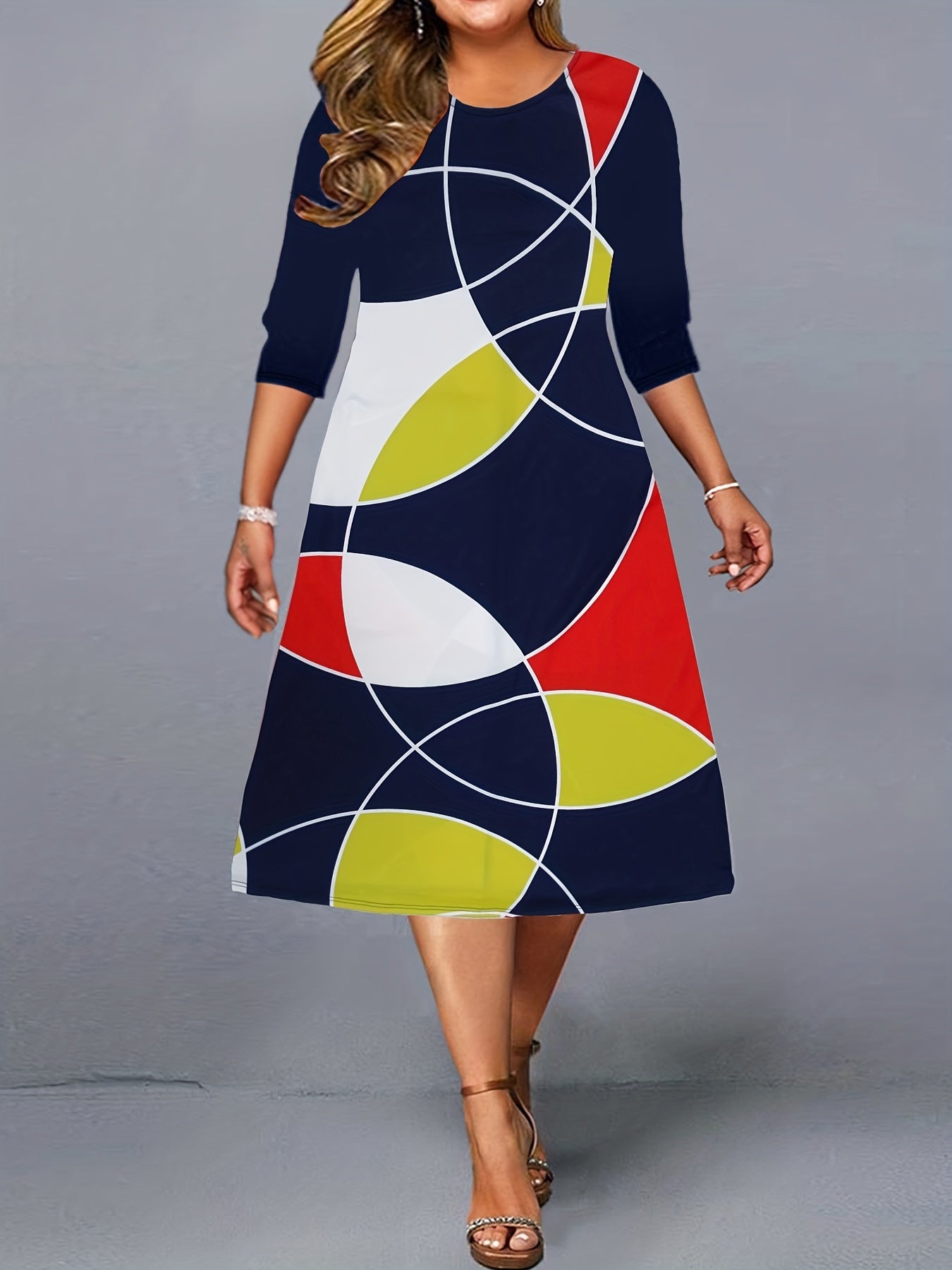 Colorblock Geometric Print Half Sleeve Midi Dress
