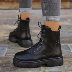 Women's Lace-Up Side Zipper Combat Boots Faux Leather Comfortable Boots