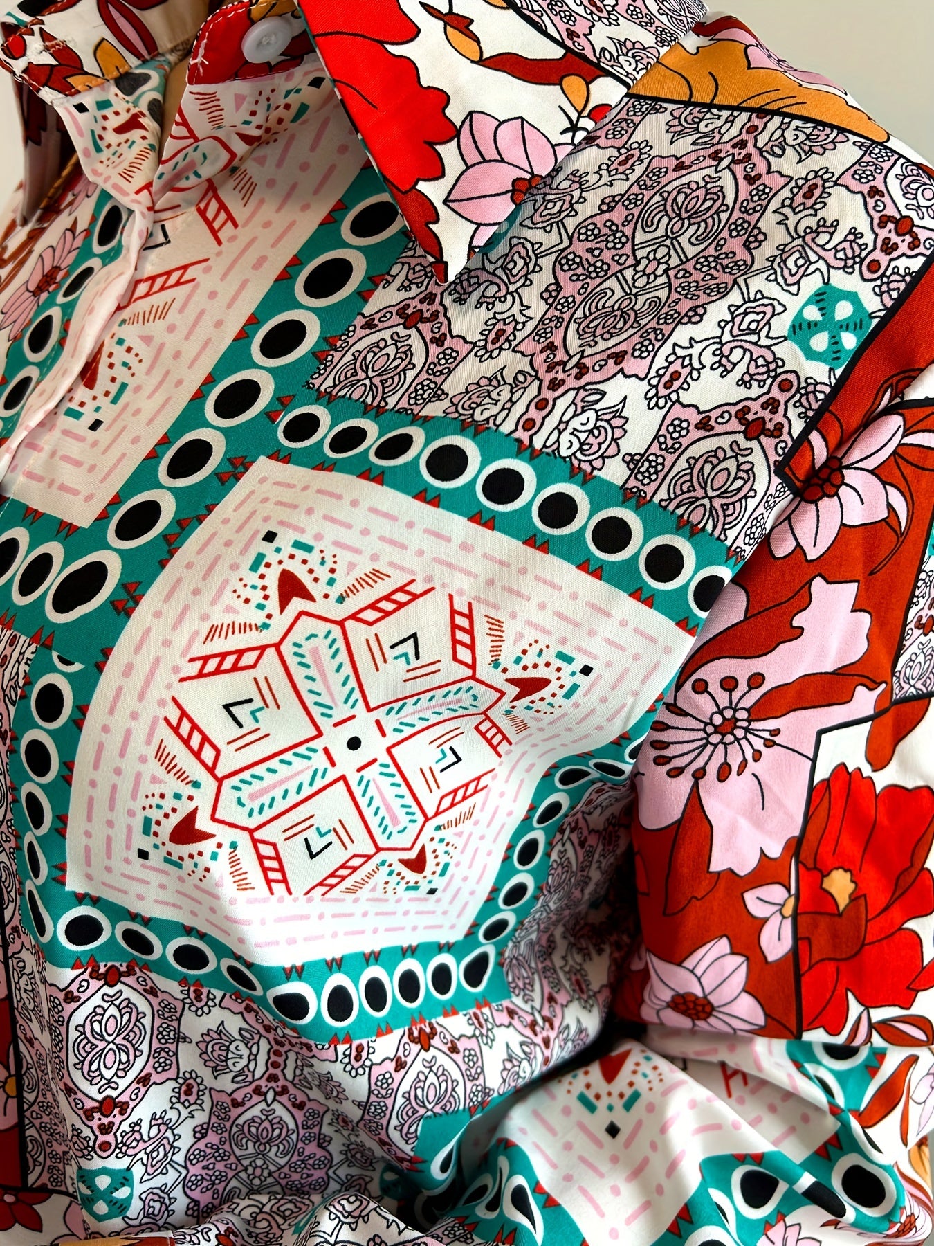 Casual Blouse Women's Plus Scarf & Floral Print Button Up