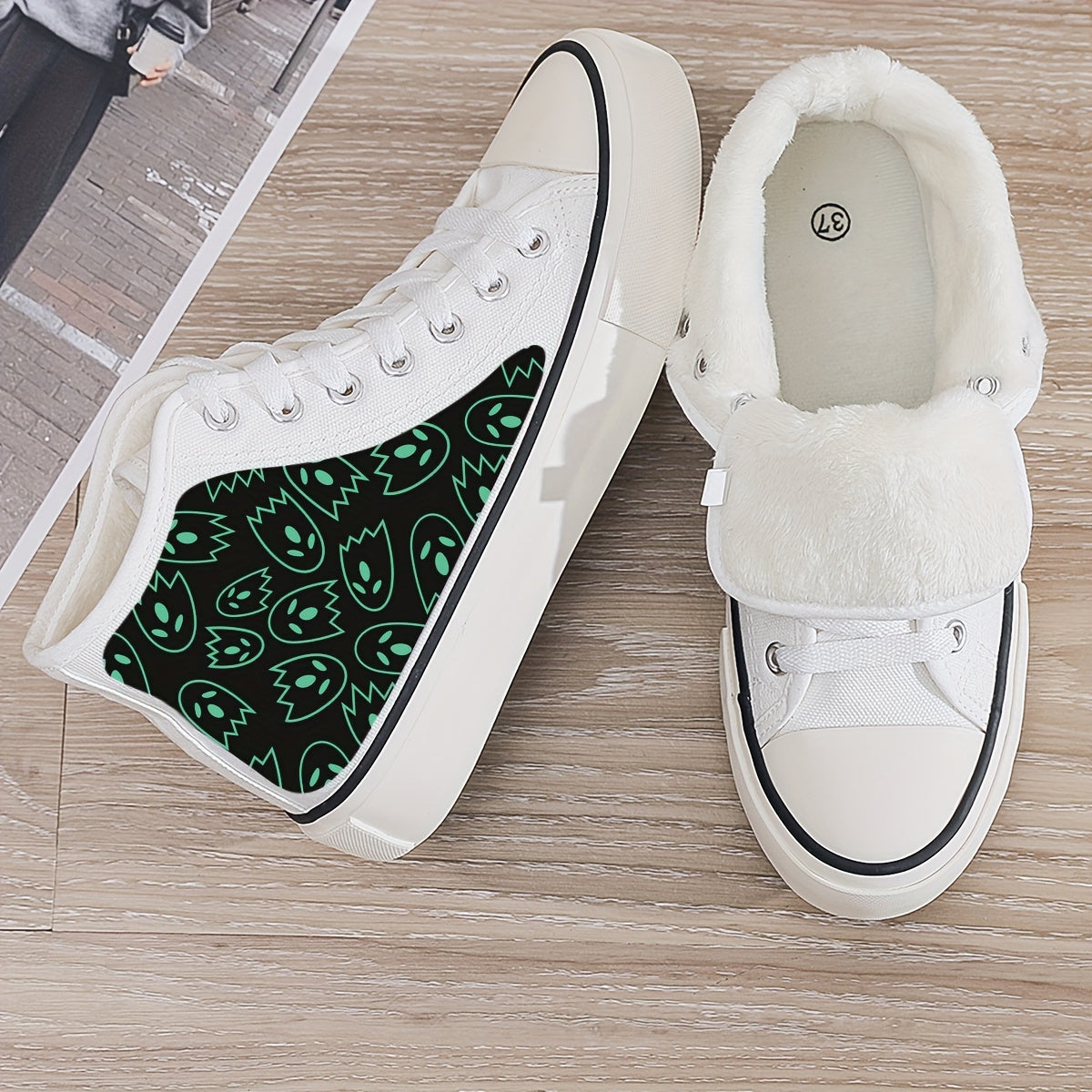 Ghost Print Plush Lined Chunky Canvas Sneakers High Top
