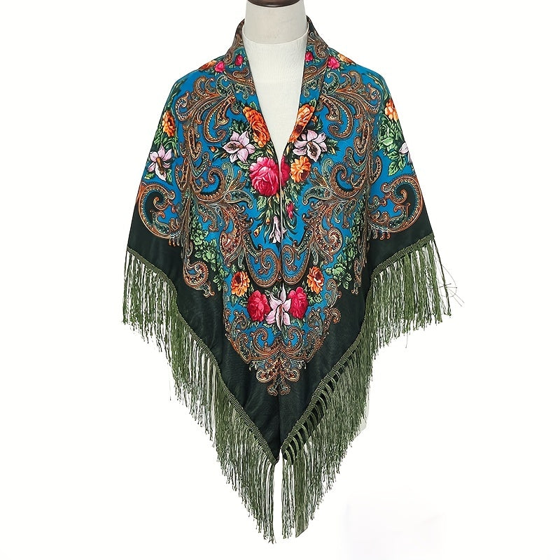 Boho Flower Print Gray Square Scarf with Tassel Shawl