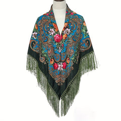 Boho Flower Print Gray Square Scarf with Tassel Shawl
