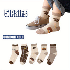 5 Pairs Boy's Cartoon Striped Crew Socks Comfortable Casual Style Unisex Socks