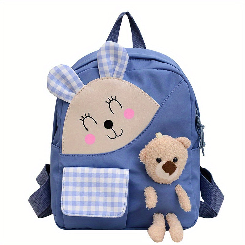 Kids Cartoon Rabbit Plaid Backpack With Teddy Bear Plush