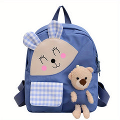 Kids Cartoon Rabbit Plaid Backpack With Teddy Bear Plush