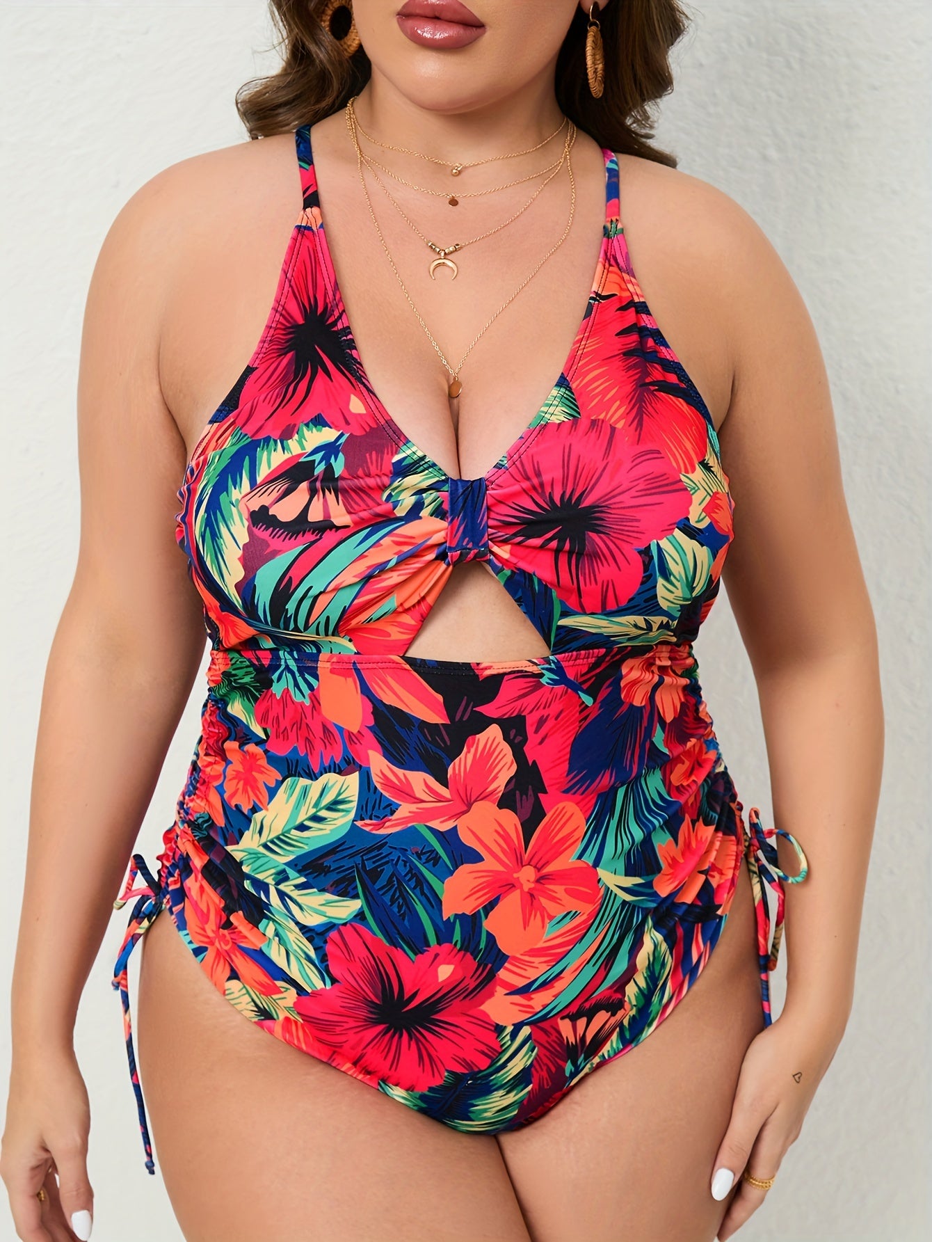 Floral Print Cut Out Drawstring One Piece Swimsuit