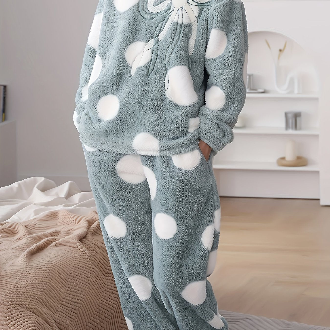 Polka Dot Fuzzy Pajama Set Long Sleeve Crew Neck Top & Elastic Waistband Pants
