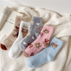 5 Pairs Bear Print Socks Warm Women's Stockings Hosiery