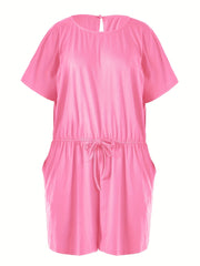 Casual Romper Women's Plus Solid Drawstring Cut Out Back Short Sleeve