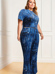 Denim Print Top & Flared Leg Pants 2 Piece Set