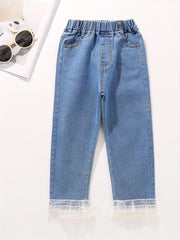 Girl's Lace Fringe Casual Jeans Trousers Elastic Waist Long Pants