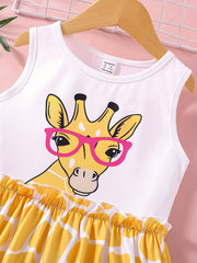 Girls Summer Floral Printing Dress Sleeveless Cartoon Giraffe Print 1-6 Yrs