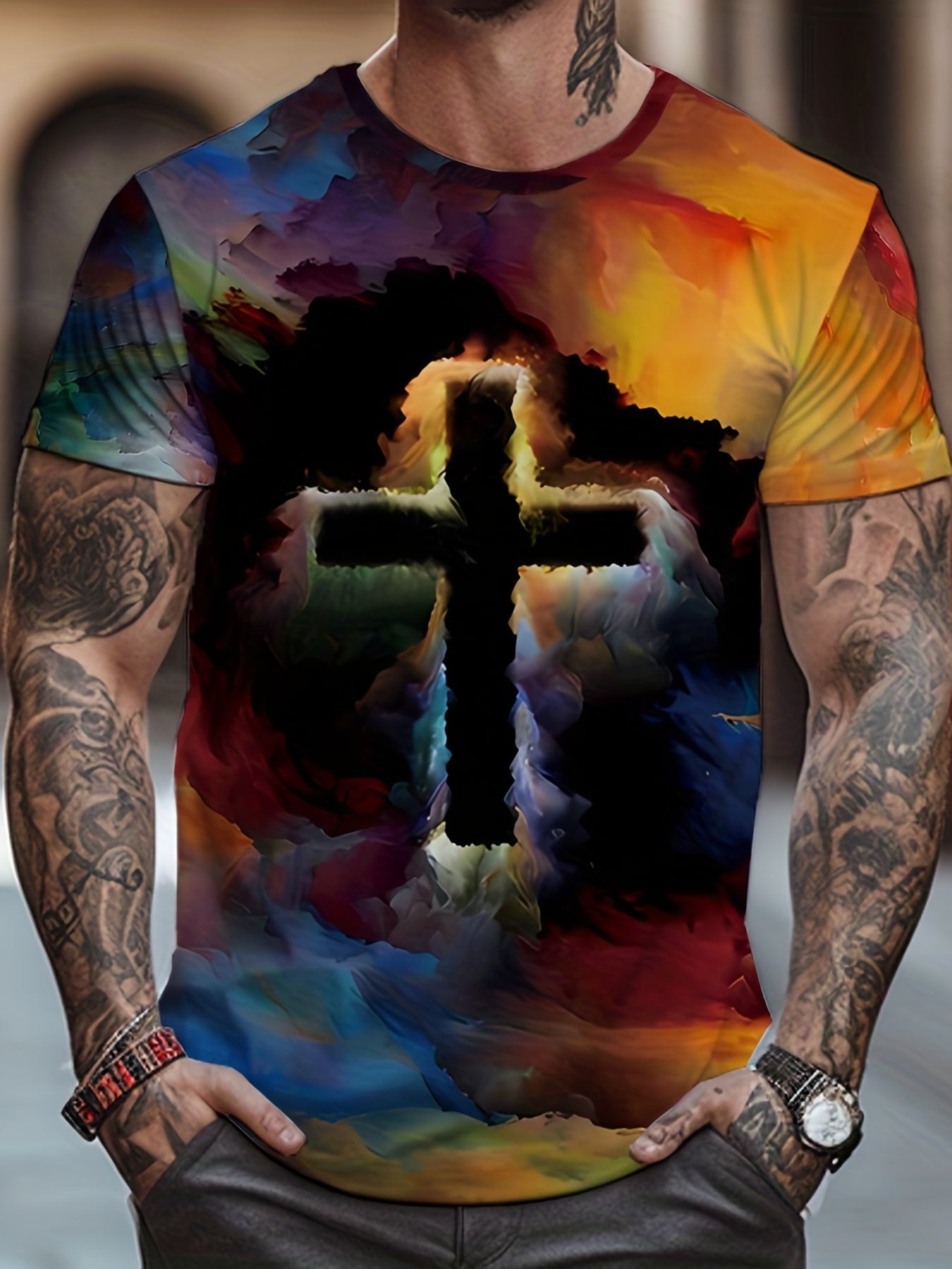 Cross 3D Digital Pattern Men's Graphic T-shirt Casual Tee Short Sleeve Top