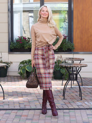 Women's Plus Plaid Print Stretch Slim Fit Midi Skirt With Belt