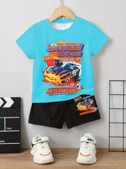 Boys Car Graphic Outfit Short Sleeves Round Neck T shirt & Shorts