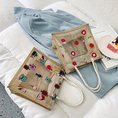 Printed Burlap Handbag Portable Shopping Bag Zipper Tote For Work School Picnic