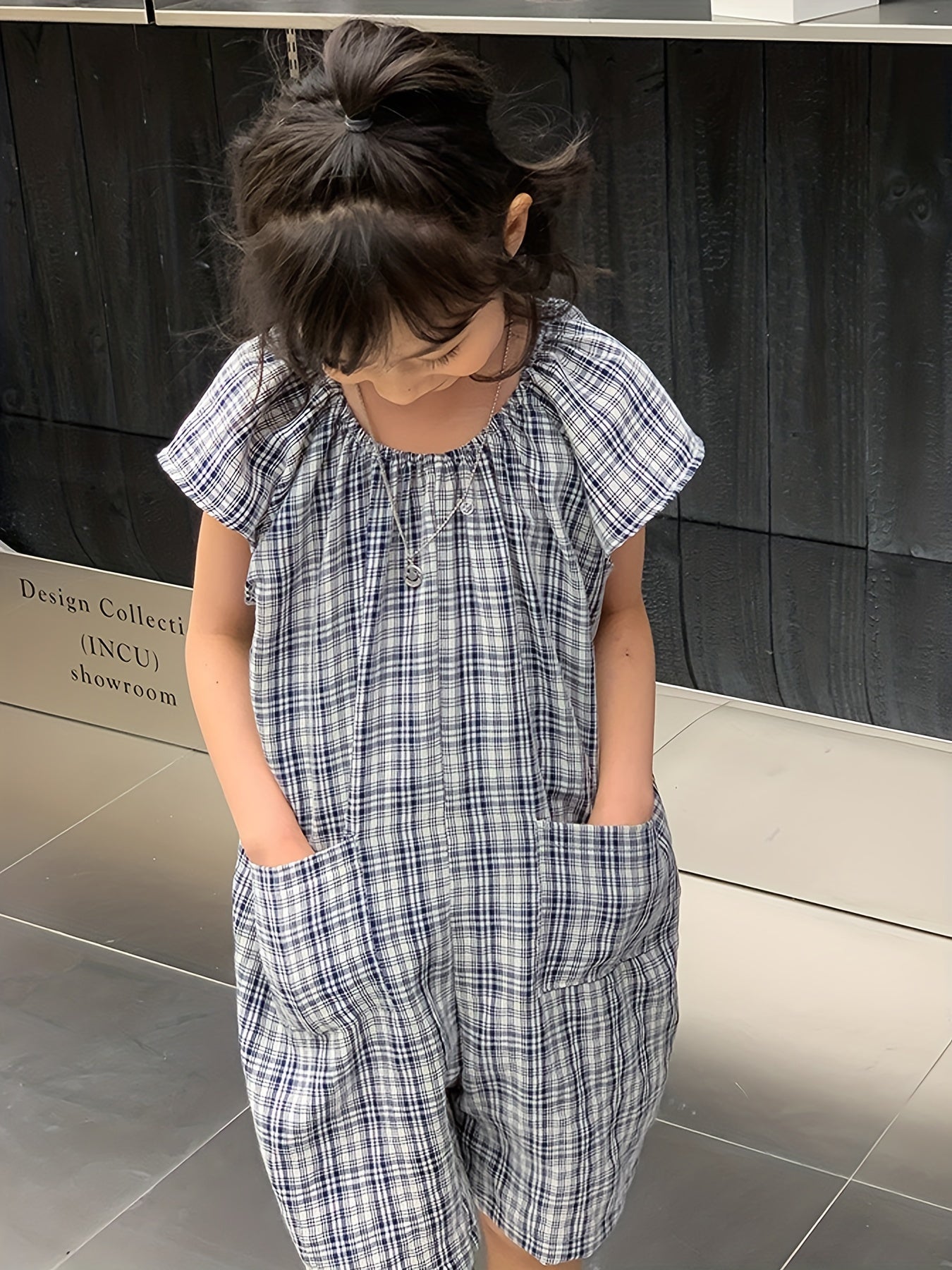 Girl's Plaid Jumpsuit Casual Shorts Sleeve Crew Neck Sports Jumpsuit