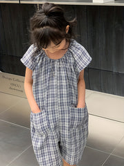 Girl's Plaid Jumpsuit Casual Shorts Sleeve Crew Neck Sports Jumpsuit
