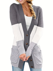 Colorblock Cable Button Up Cardigan with Pockets
