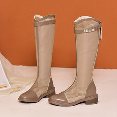 Women's Mesh Long Boots Round Toe Zipper Buckle Chunky Heel Boots