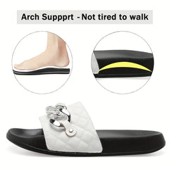 Women's Chain Decor Quilted Slide Shoes, Arch Support Sandals