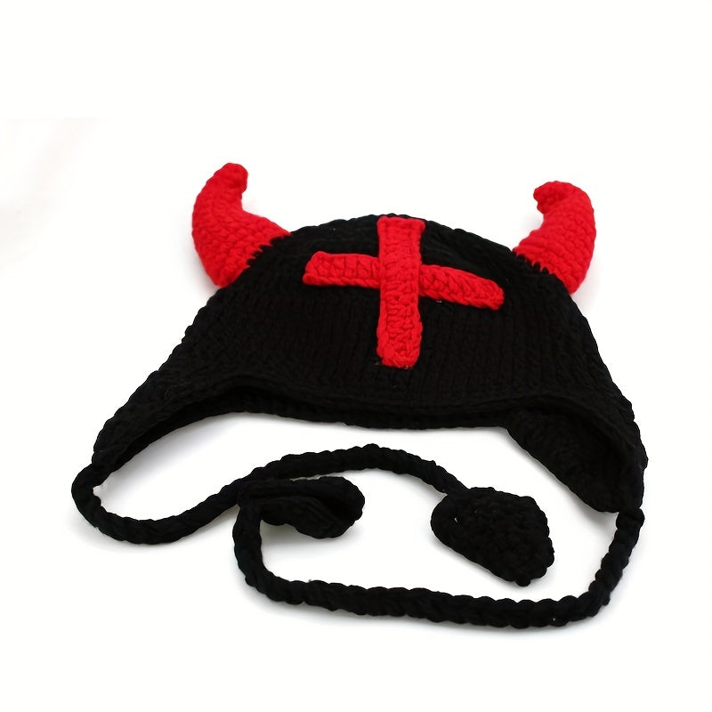Funny Horn Cross Knit Hat Unisex Bull Horn Crochet Beanie Cap