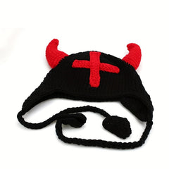 Funny Horn Cross Knit Hat Unisex Bull Horn Crochet Beanie Cap